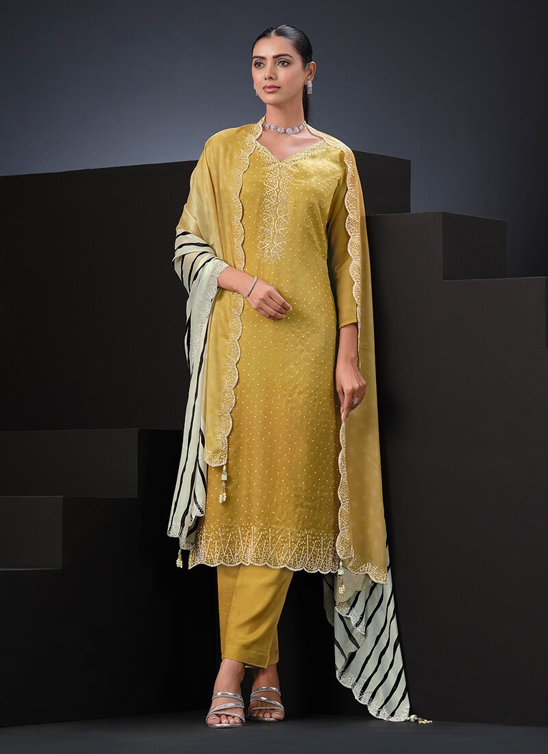 Yellow Satin Semi Stitched Salwar Kameez Set
