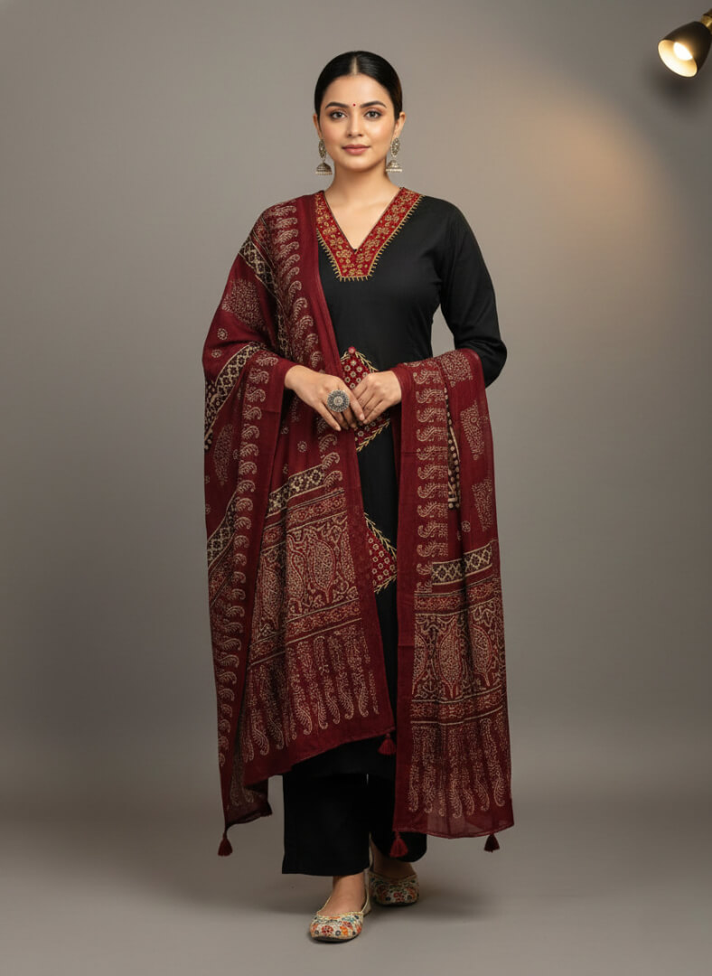 Black Cotton Mirror Work Kurti With Pant And Maroon Printed Dupatta