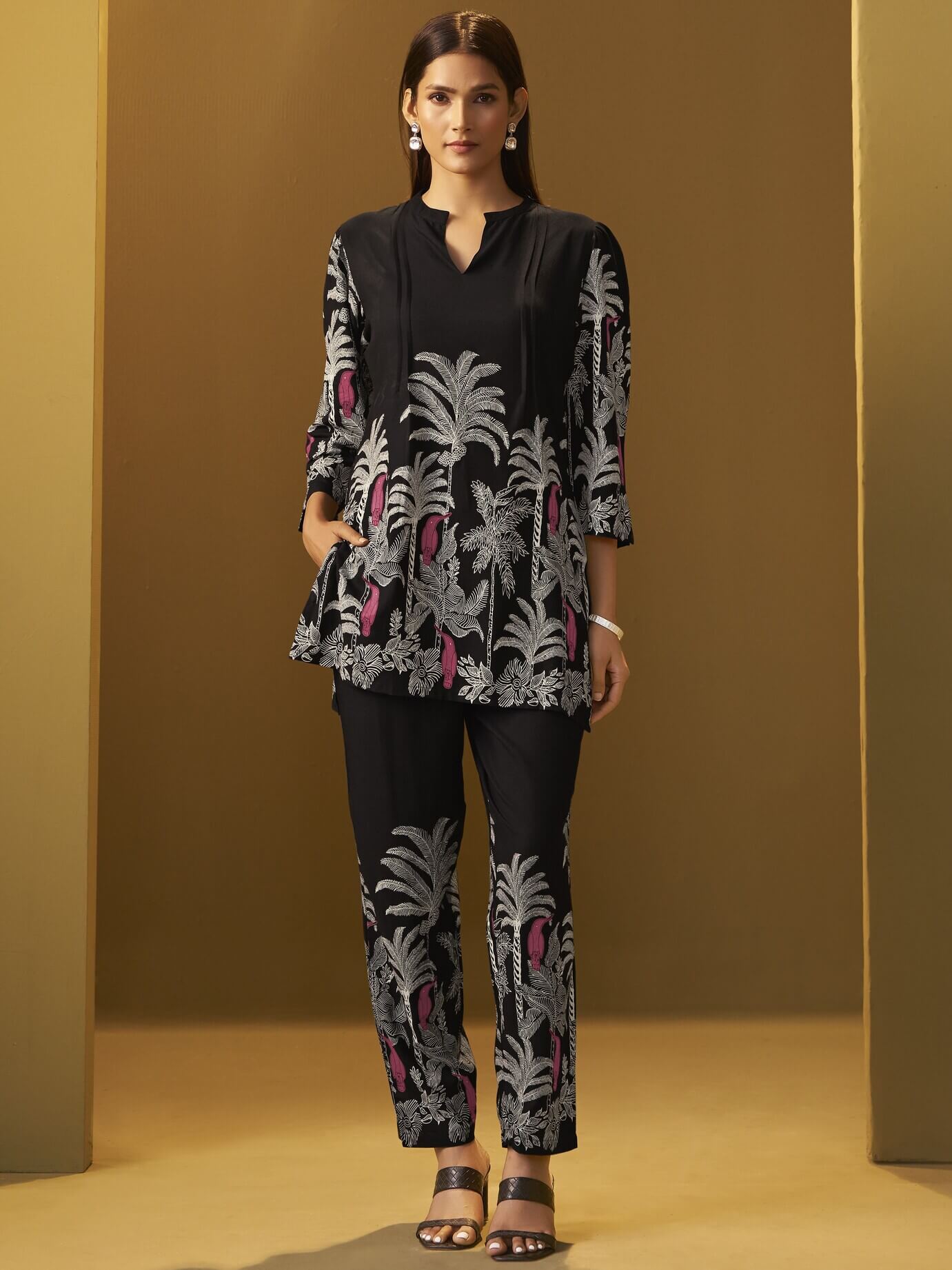 Black Floral Printed Rayon Co-Ord Set