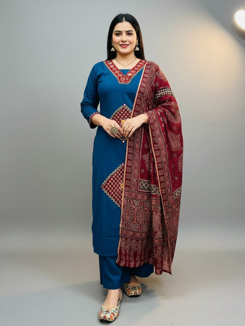 Blue Cotton Mirror Work Kurti With Pant And Maroon Printed Dupatta