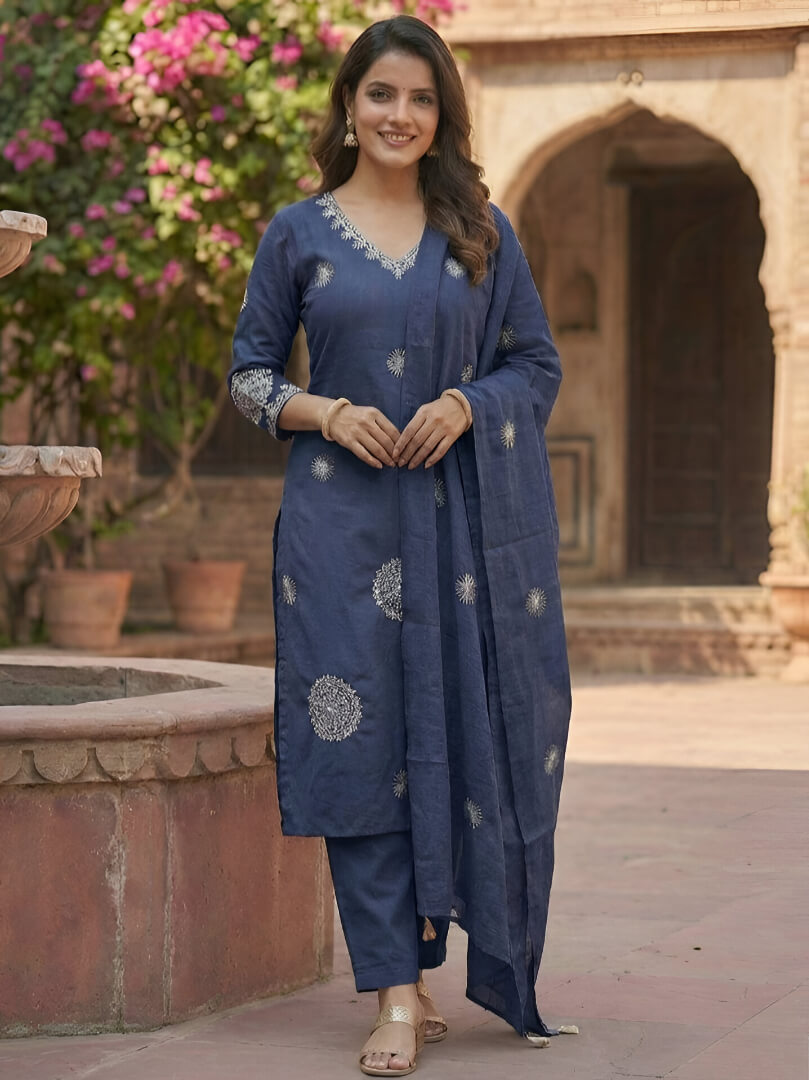 Blue Cotton Embroidered Suit Set