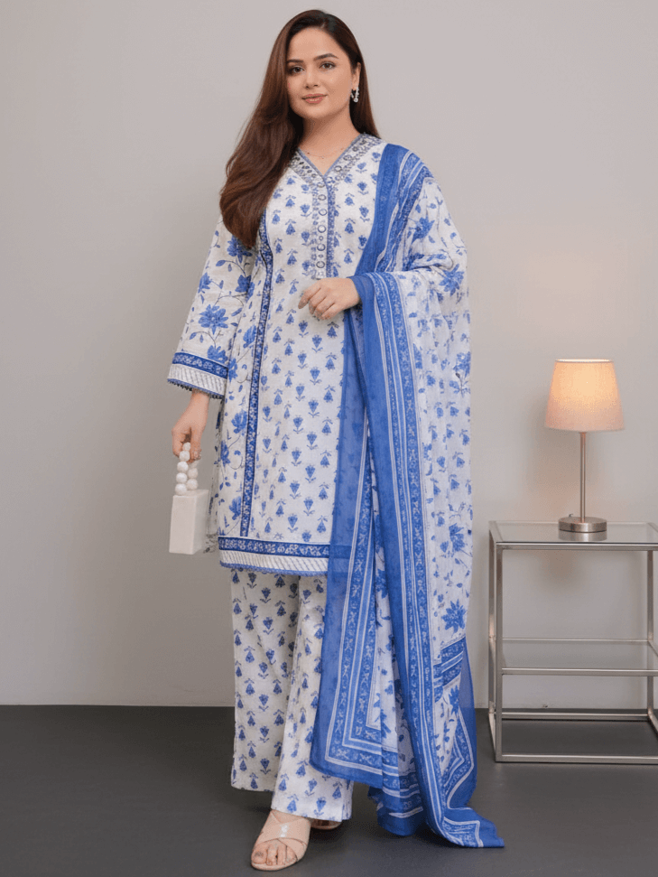 Blue Floral Printed Cotton Short Kurta With Pant And Dupatta