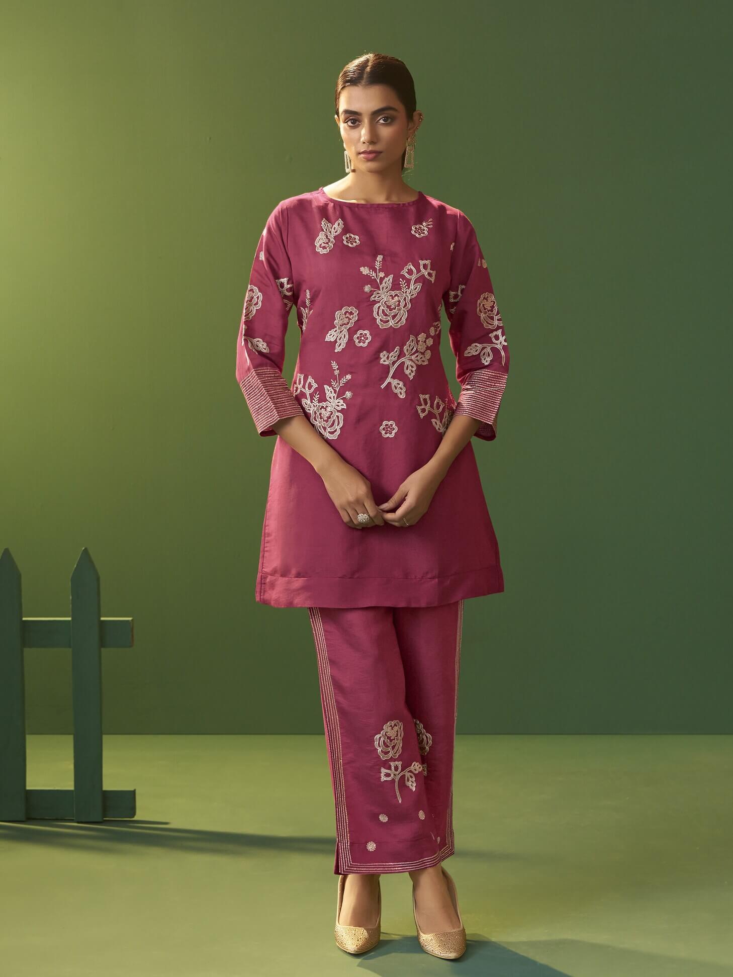 Bright Pink Embroidered Roman Silk Co-Ord Set