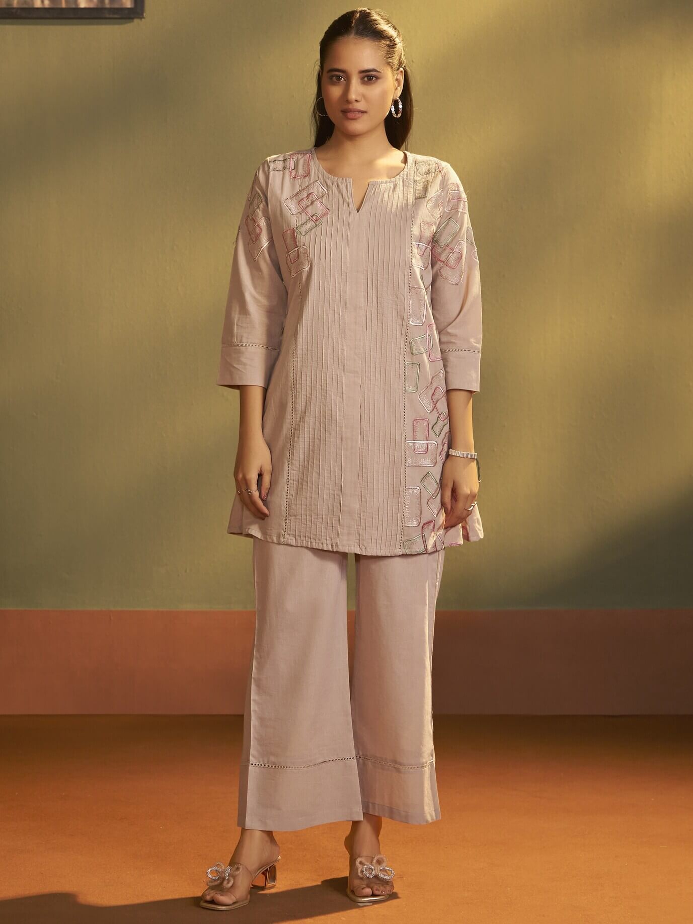 Brown Embroidered Cotton Co-Ord Set