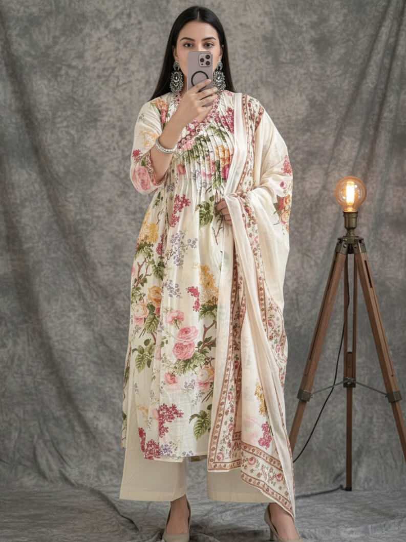 Multicolor Cotton Angaraka Style Floral Printed Suit Set