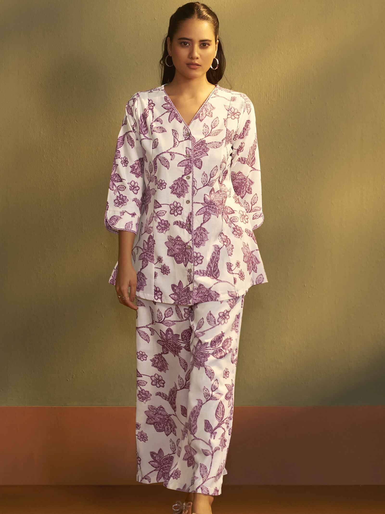 Cream Printed Cotton Blend Co-Ord Set
