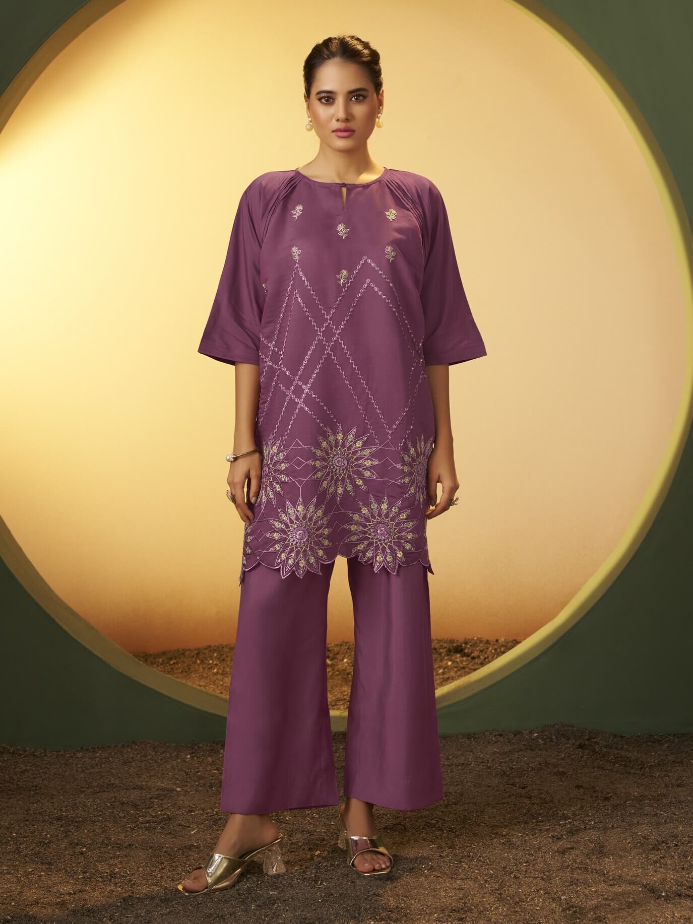 Dusty Pink Embroidered Roman Silk Co-Ord Set