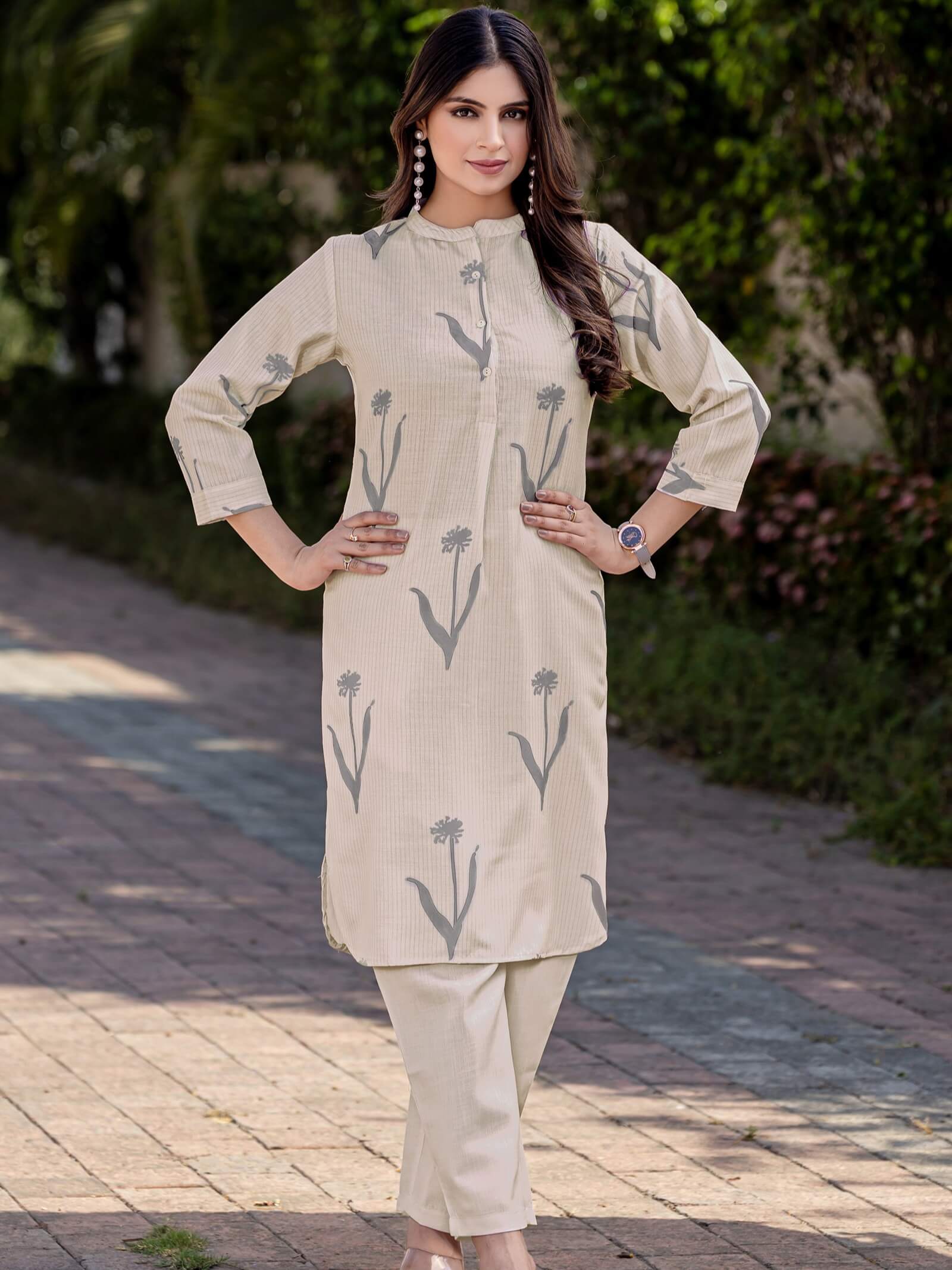 Light Grey Cotton Blend Printed Co-Ord Set