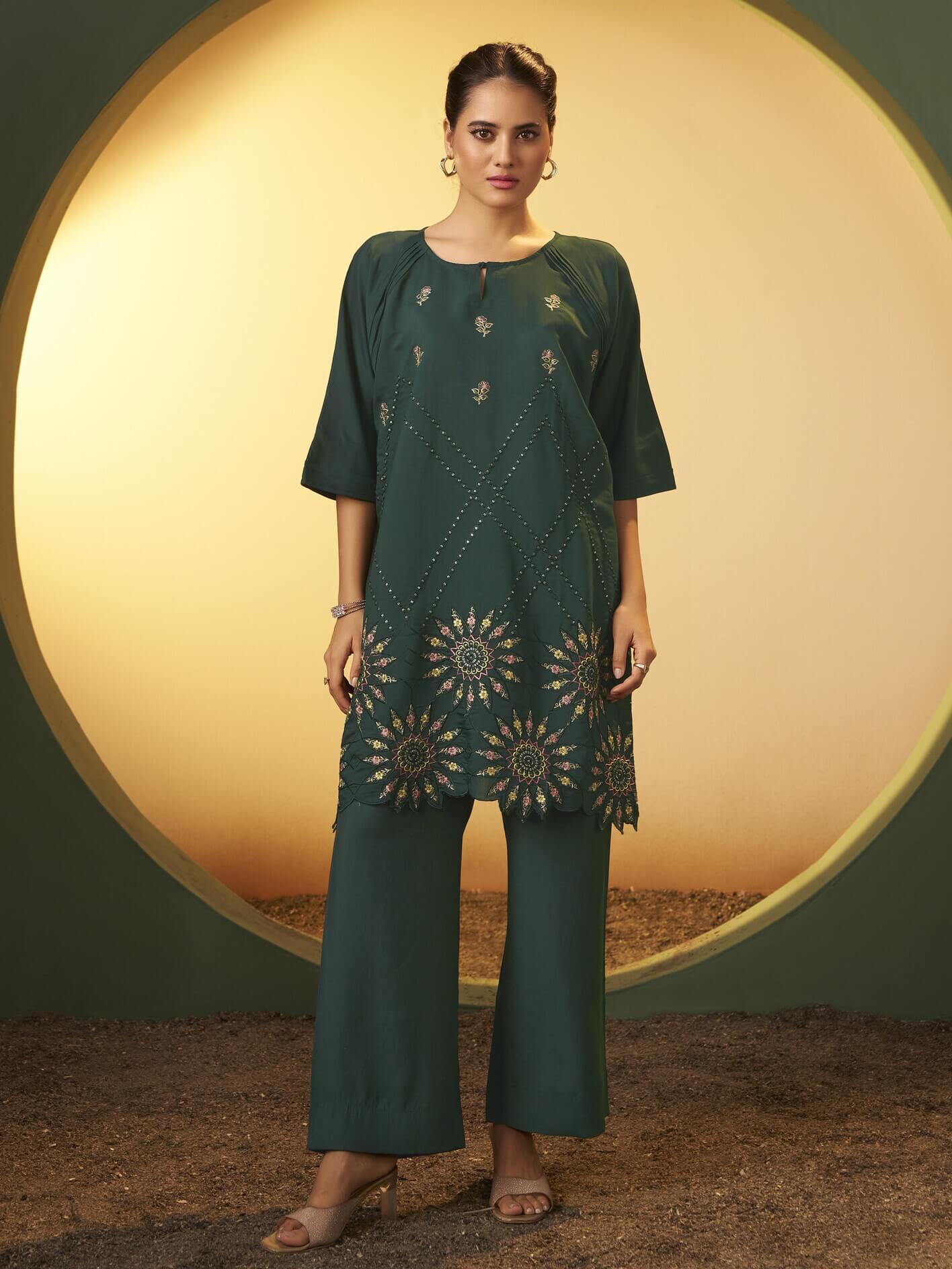 Green Embroidered Roman Silk Co-Ord Set