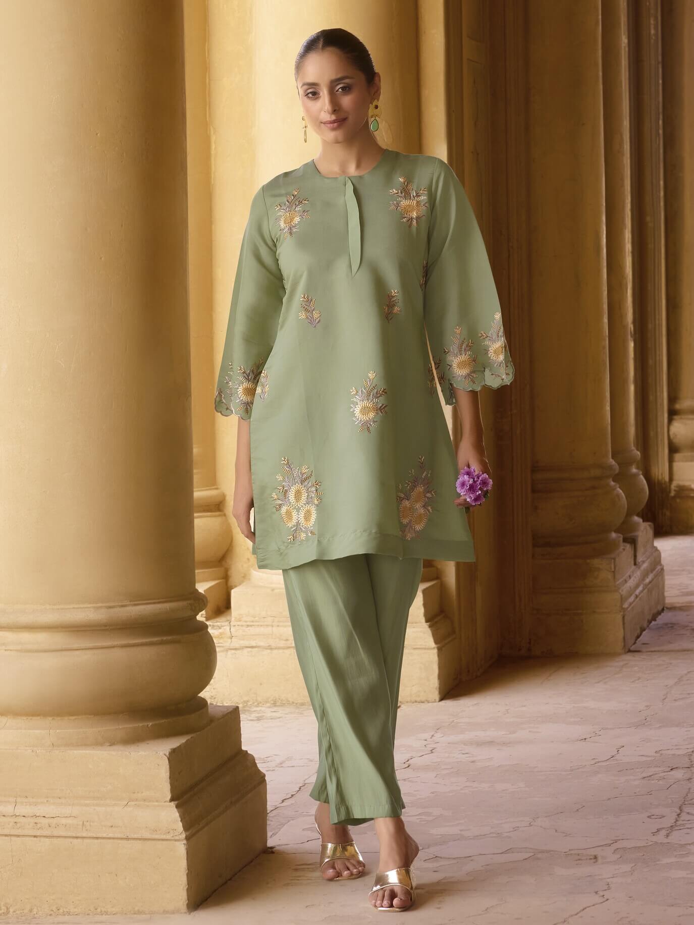 Green Embroidered Roman Silk Co-Ord Set