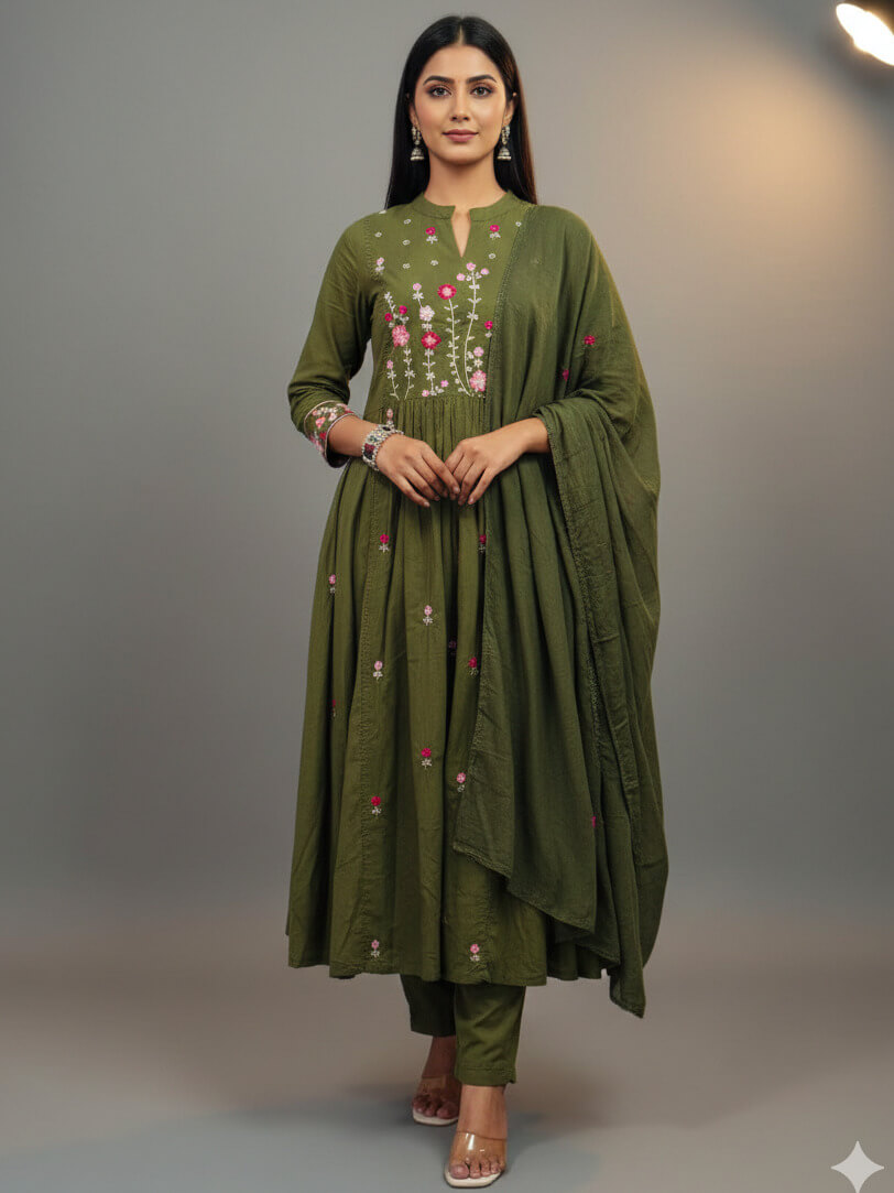 Green Embroidered Cotton Kurti With Pant And Mulmul Dupatta