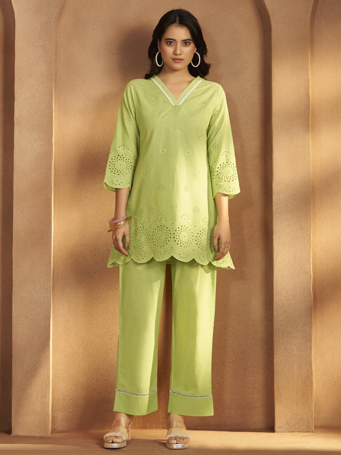 Green Floral Schiffli Cotton Co-Ord Set