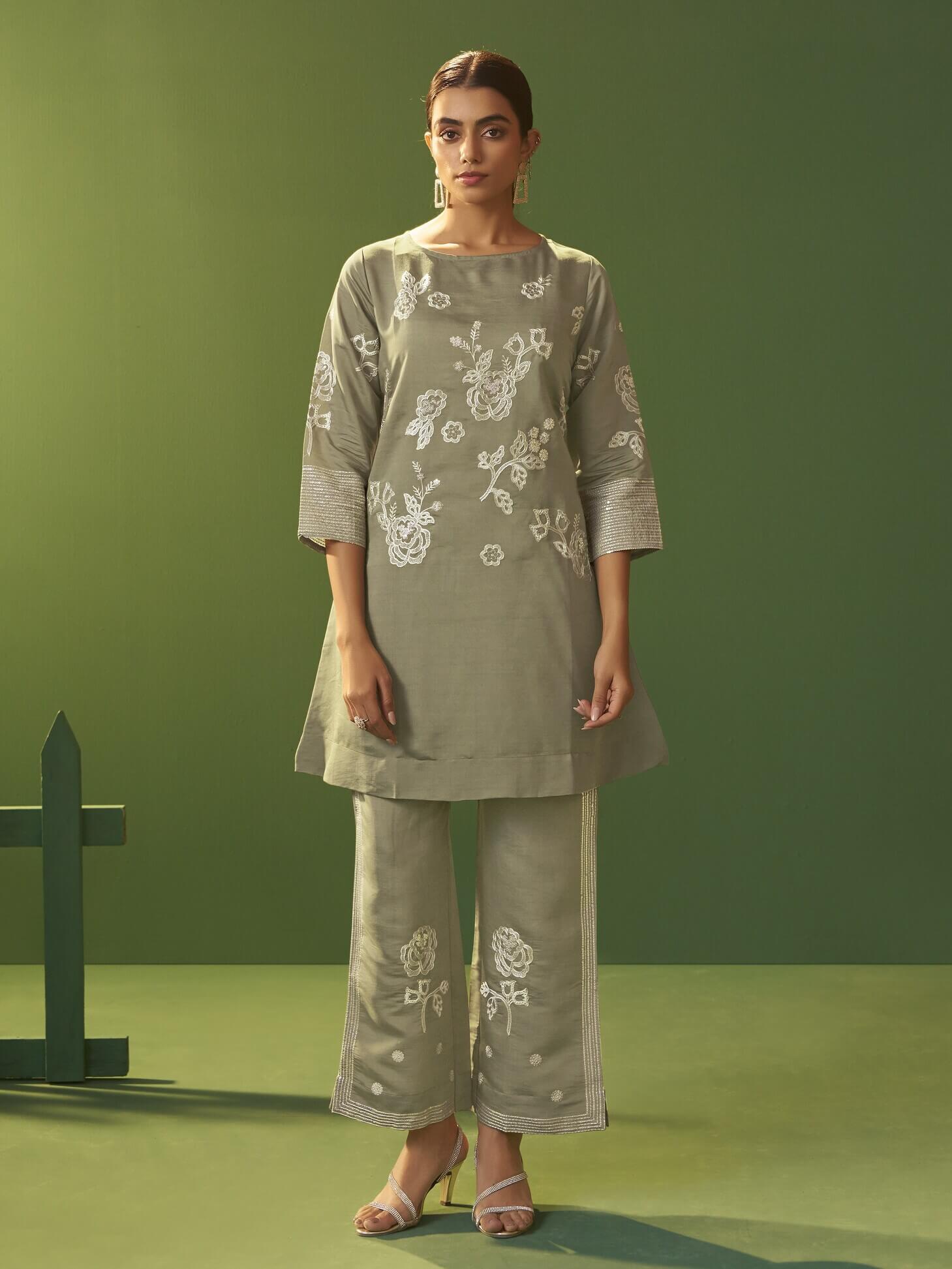 Grey Embroidered Roman Silk Co-Ord Set
