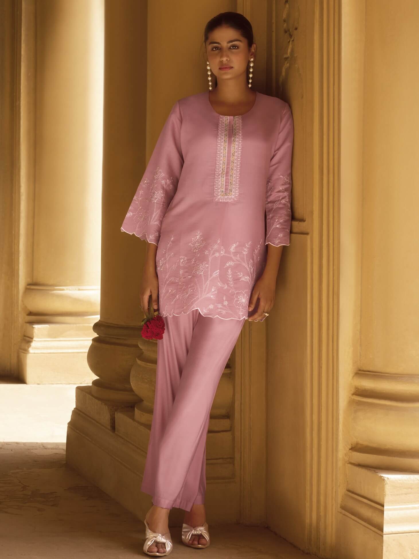 Light Pink Embroidered Roman Silk Co-Ord Set