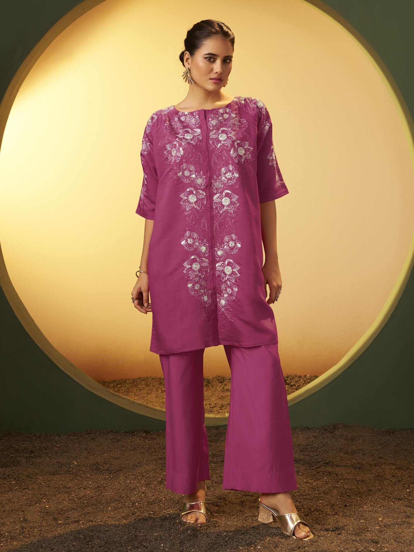 Light Pink Embroidered Roman Silk Co-Ord Set