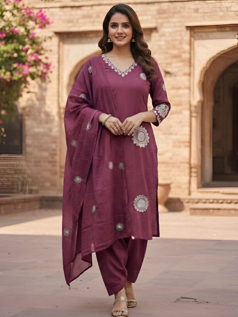 Wine Cotton Embroidered Suit Set