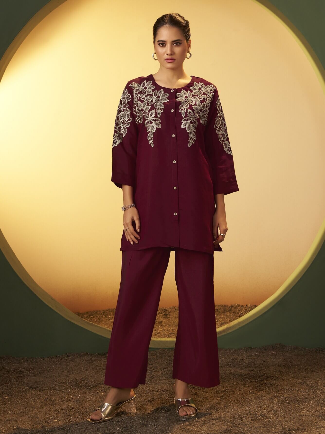 Maroon Embroidered Roman Silk Co-Ord Set