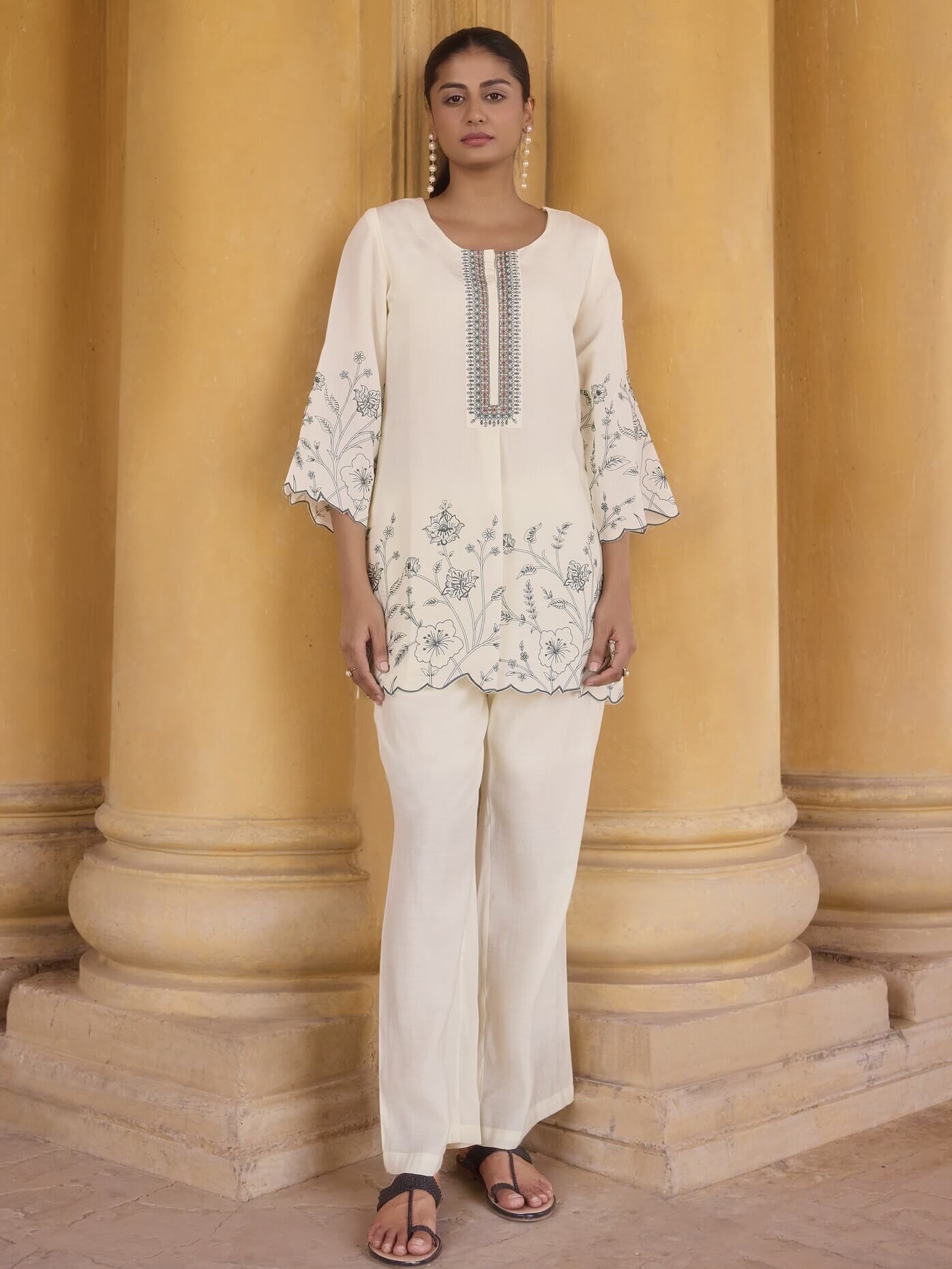 Off-White Embroidered Roman Silk Co-Ord Set