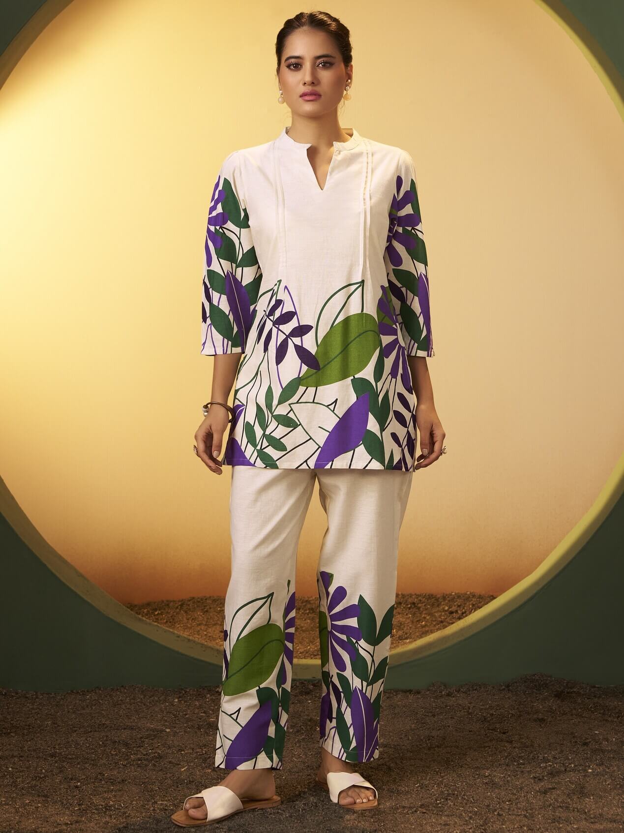 Off White Floral Printed Cotton Co-Ord Set