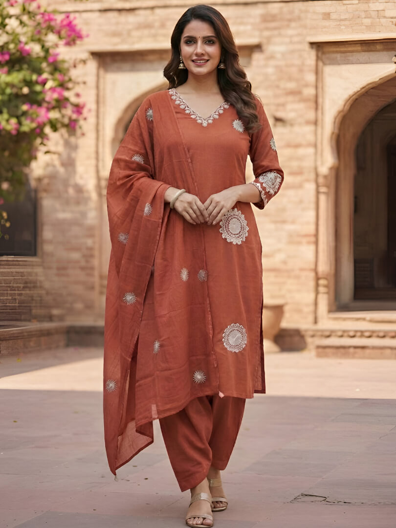 Orange Cotton Embroidered Kurta Pant And Dupatta Set
