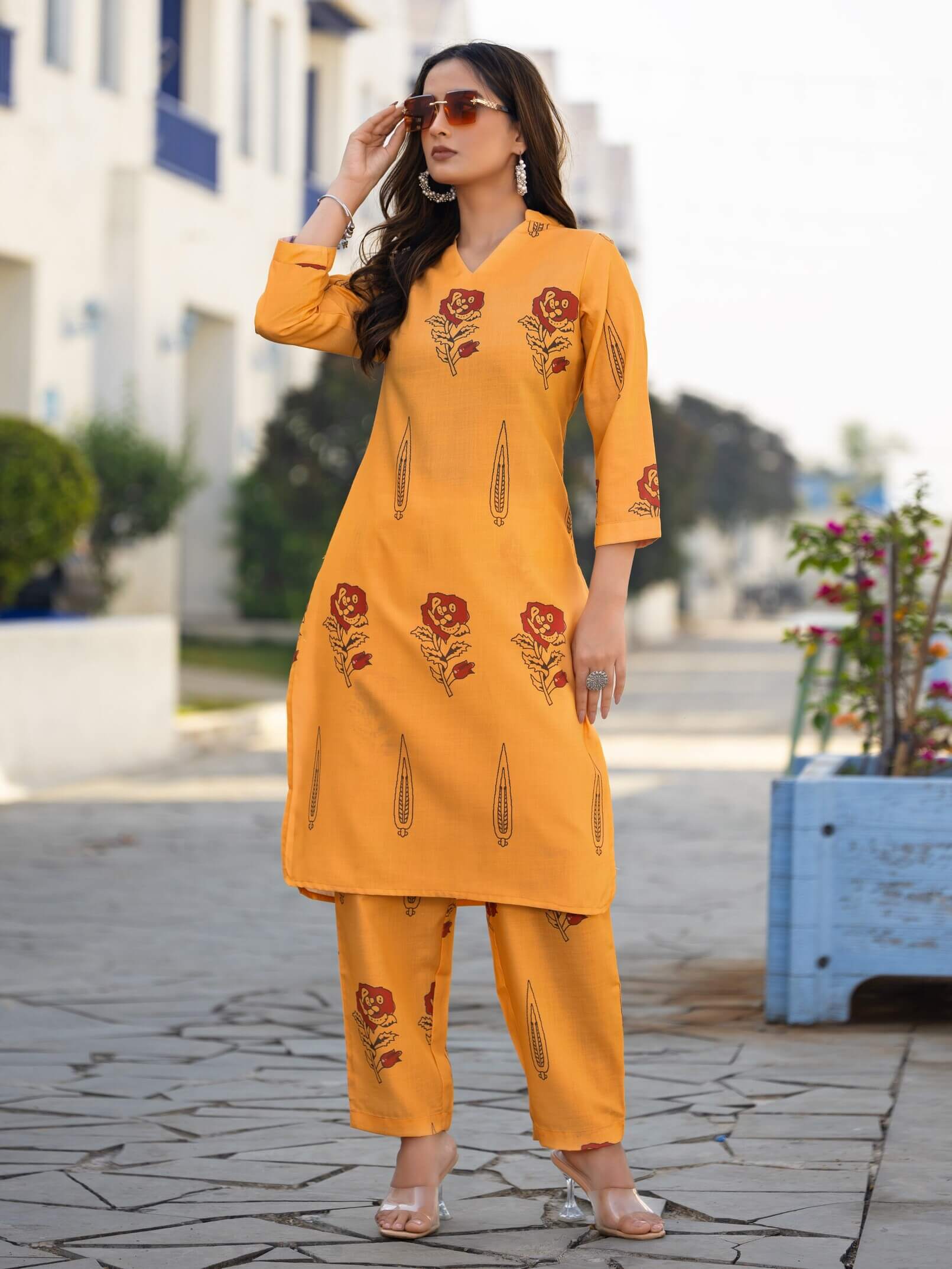Orange Cotton Blend Printed Co-Ord Set