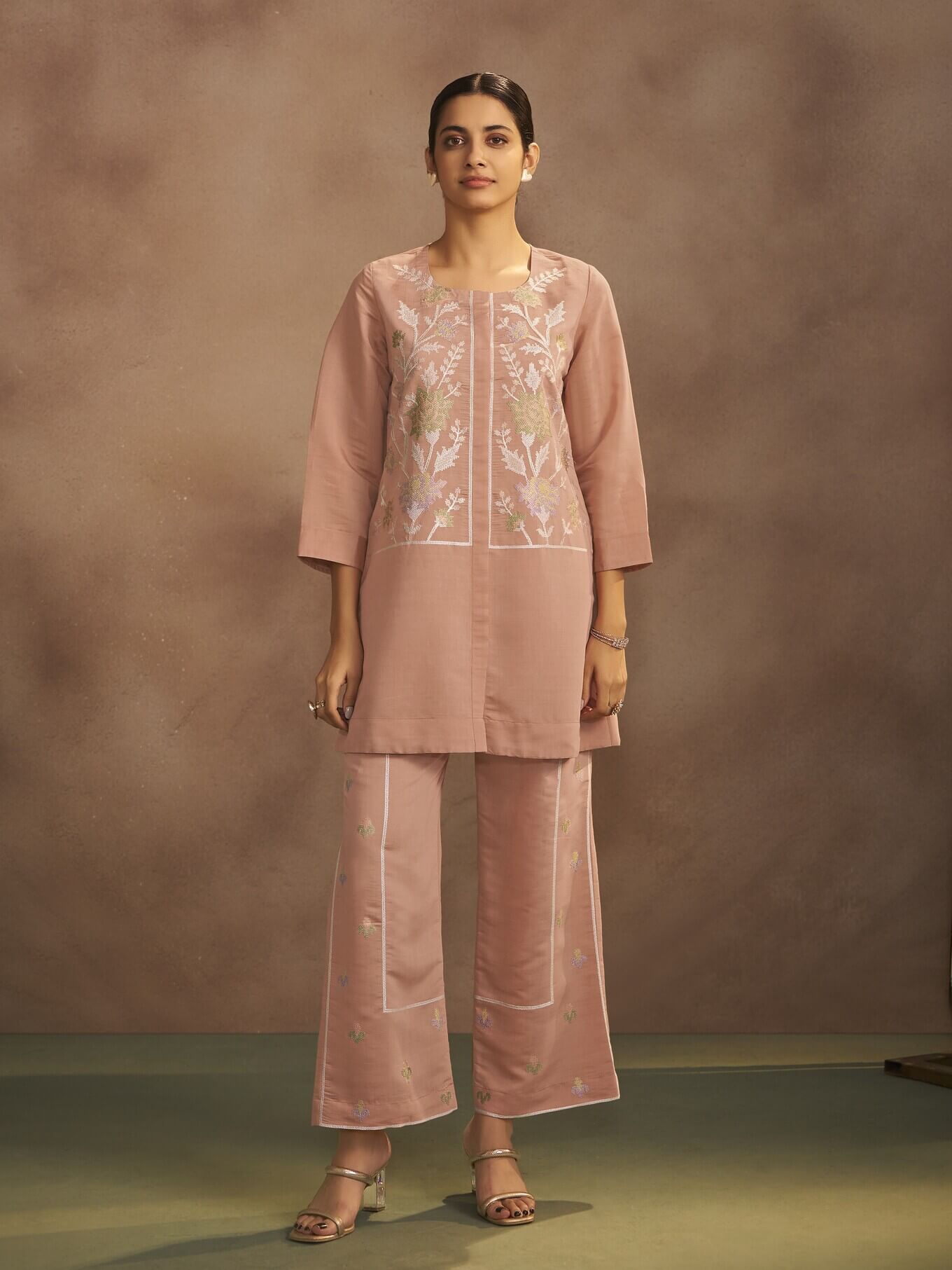 Peach Embroidered Roman Silk Co-Ord Set