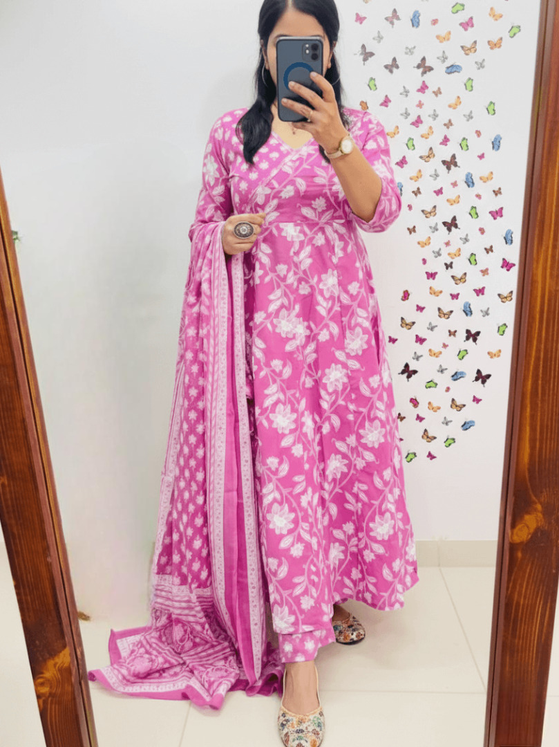Pink Cotton Anarkali Angrakha Style Kurti Pant Set