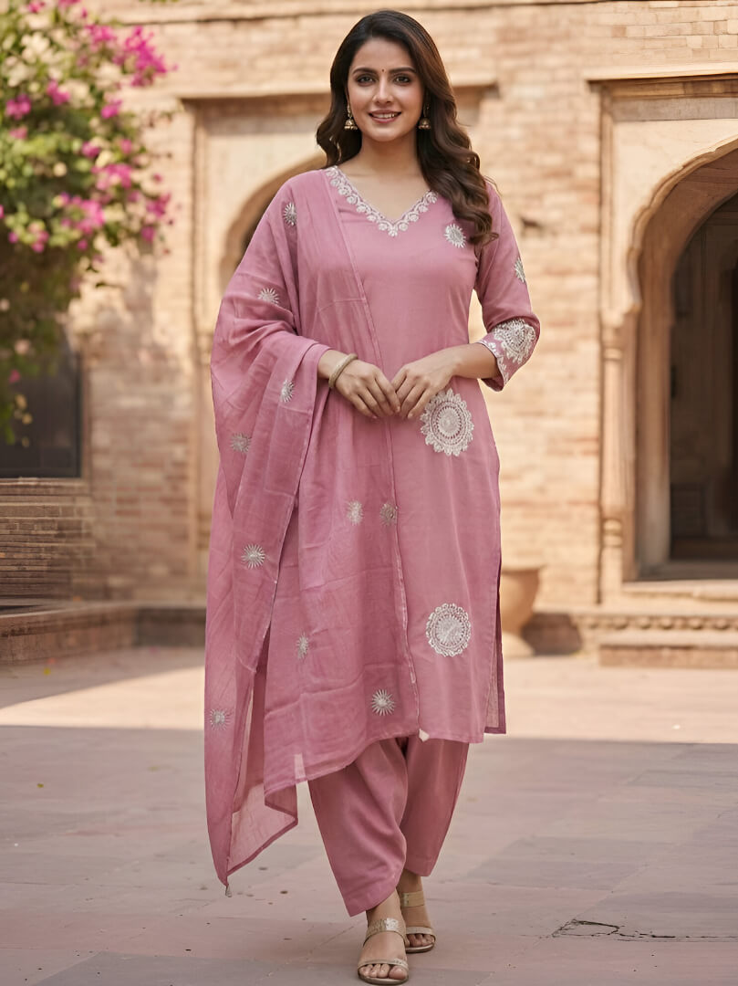 Pink Cotton Embroidered Kurta Pant And Dupatta Set