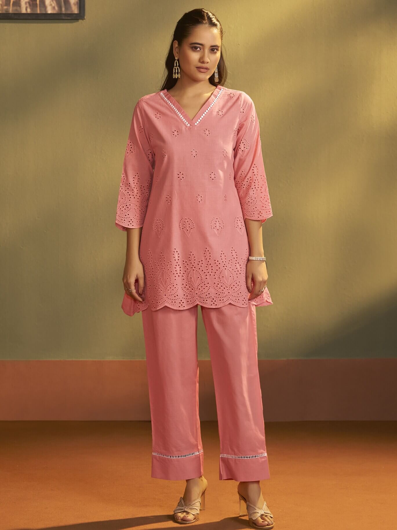 Pink Floral Schiffli Cotton Co-Ord Set