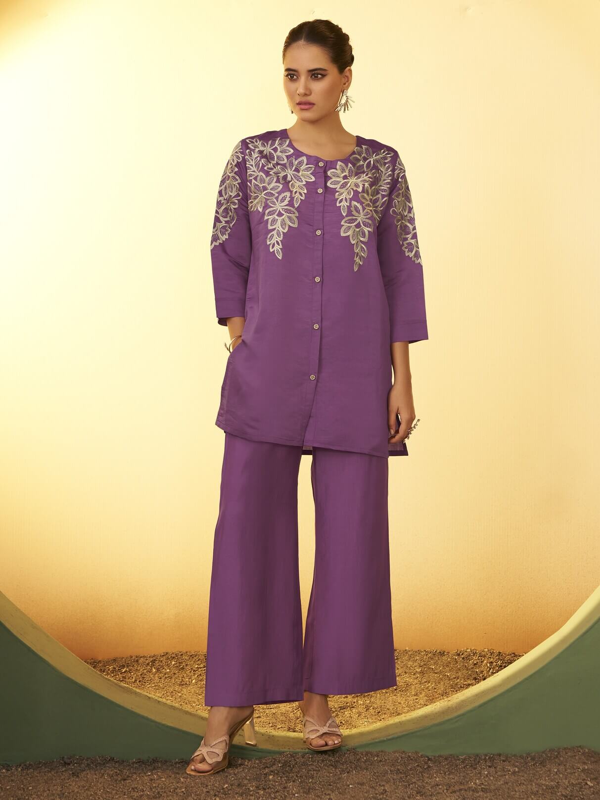 Purple Embroidered Roman Silk Co-Ord Set