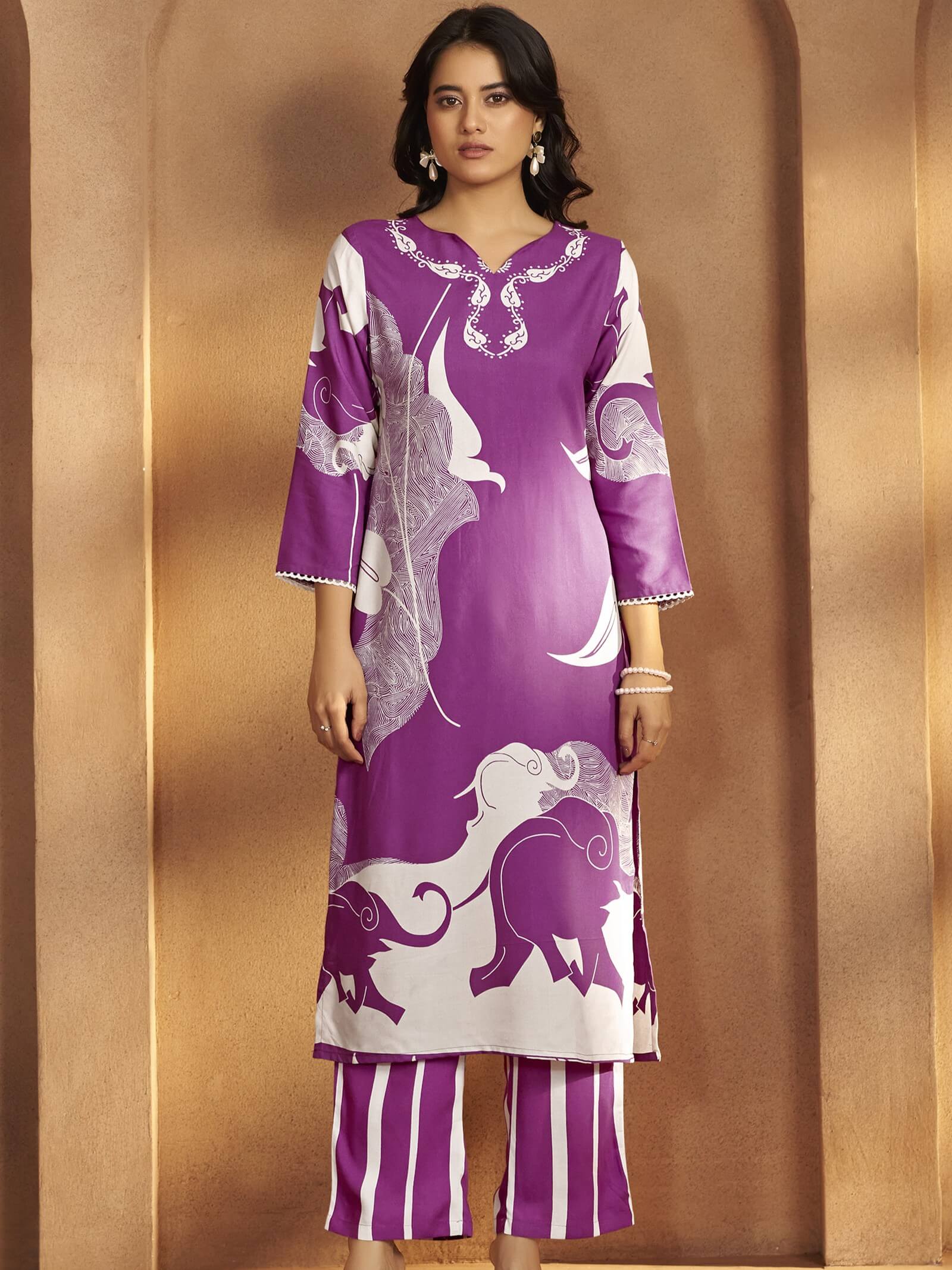Purple Printed Viscose Rayon Co-Ord Set