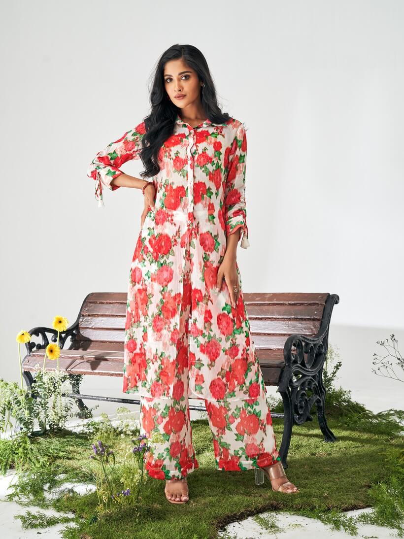 Rose Red Floral Print Poly Chiffon Co-Ord Set