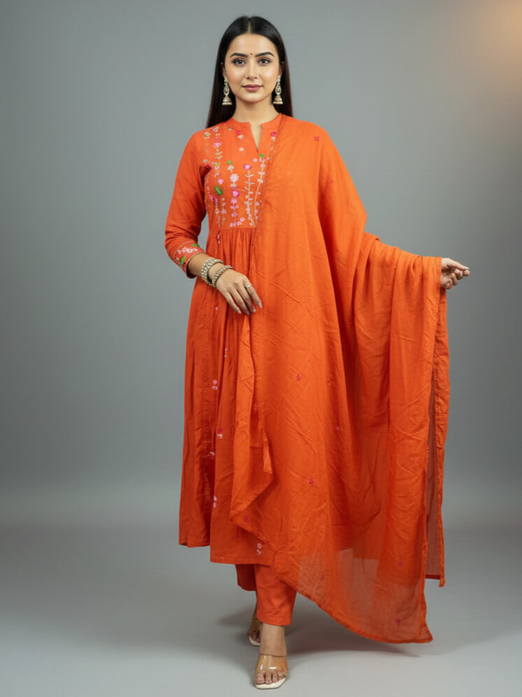 Orange Embroidered Cotton Kurti With Pant And Mulmul Dupatta