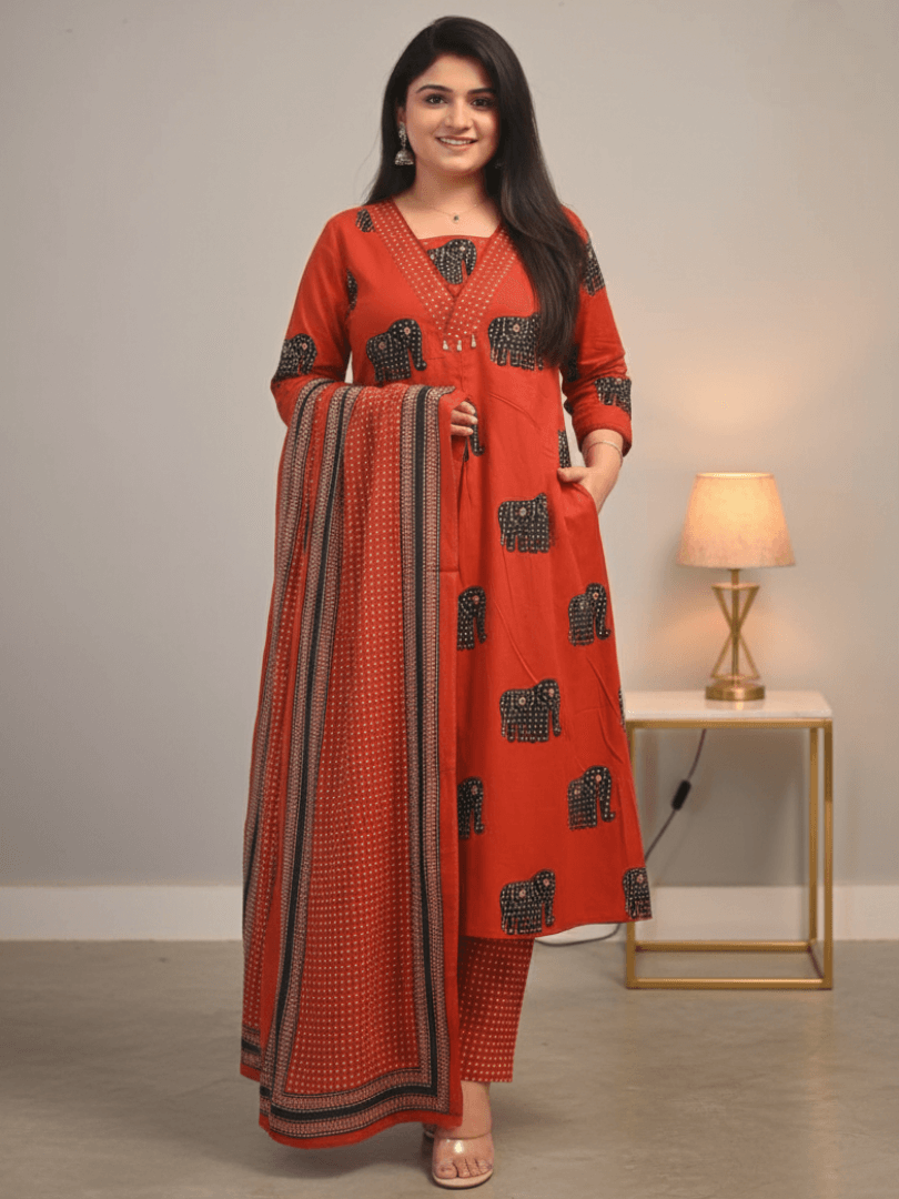 Red Animal Printed Cotton Kurta With Pant And Dupatta
