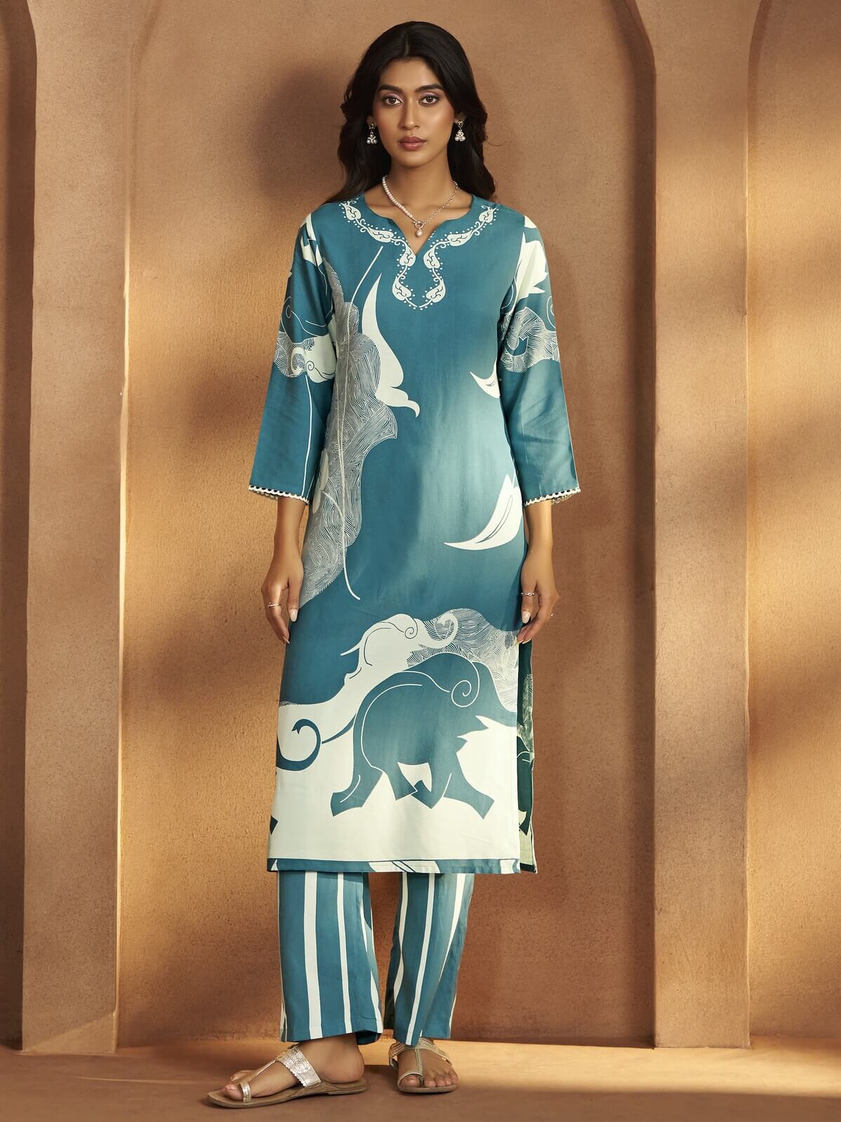 Turquoise Printed Viscose Rayon Co-Ord Set