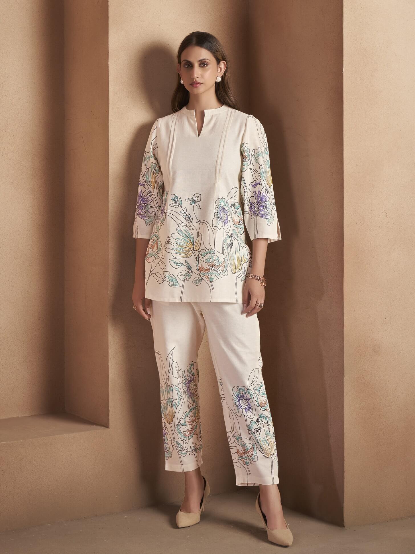 White Pure Cotton Floral Printed Co-Ord Set