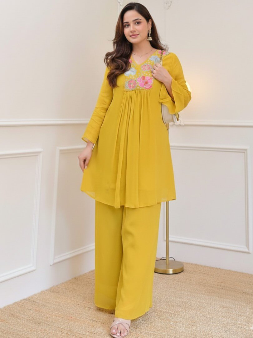 Yellow Cotton Embroidered Co-Ord Set