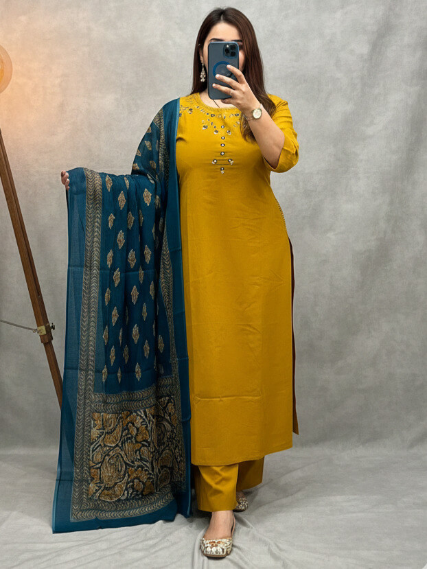 Mustard Cotton Kurti With Pant And Printed Mulmul Dupatta
