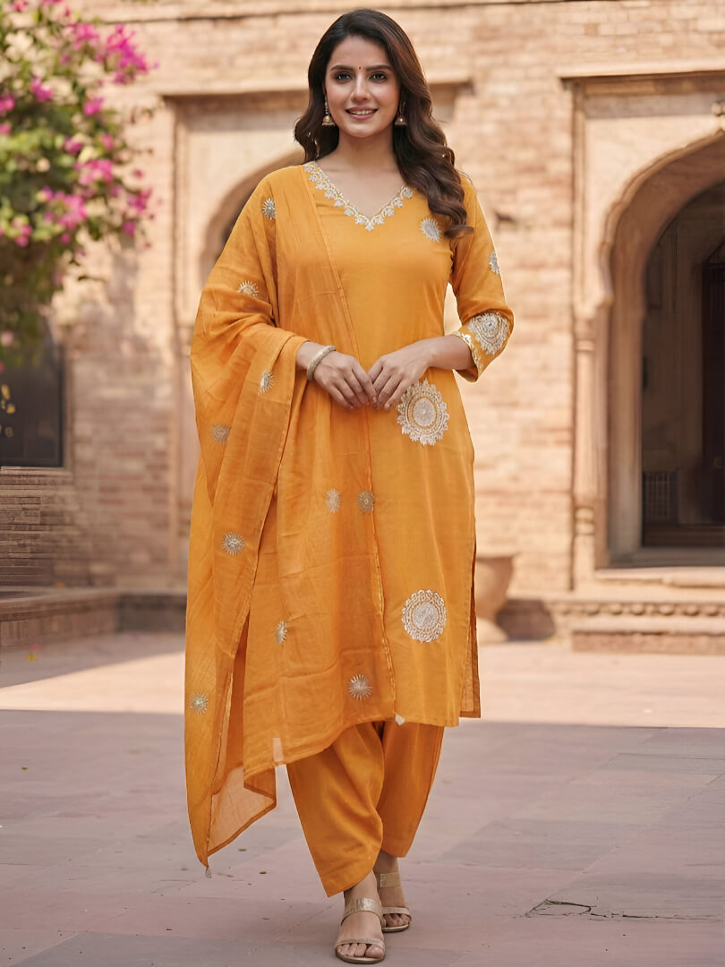 Yellow Cotton Embroidered Kurta Pant And Dupatta Set