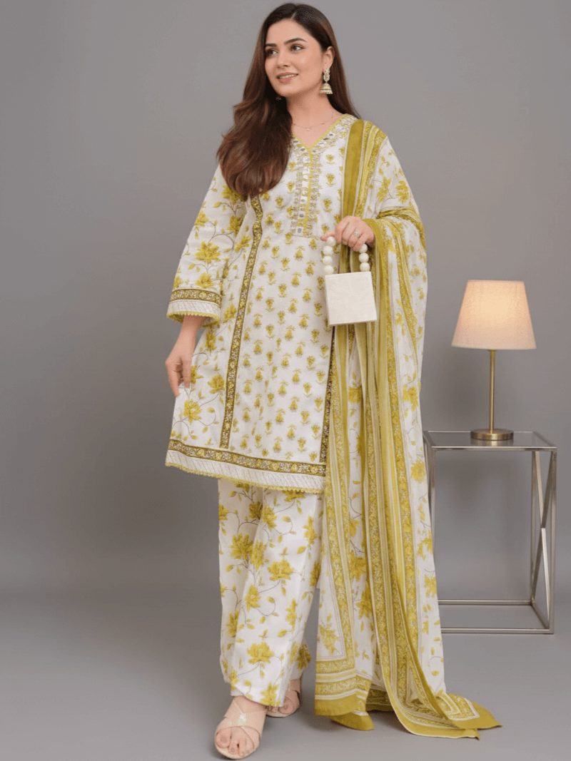 Yellow Floral Printed Cotton Short Kurta With Pant And Dupatta