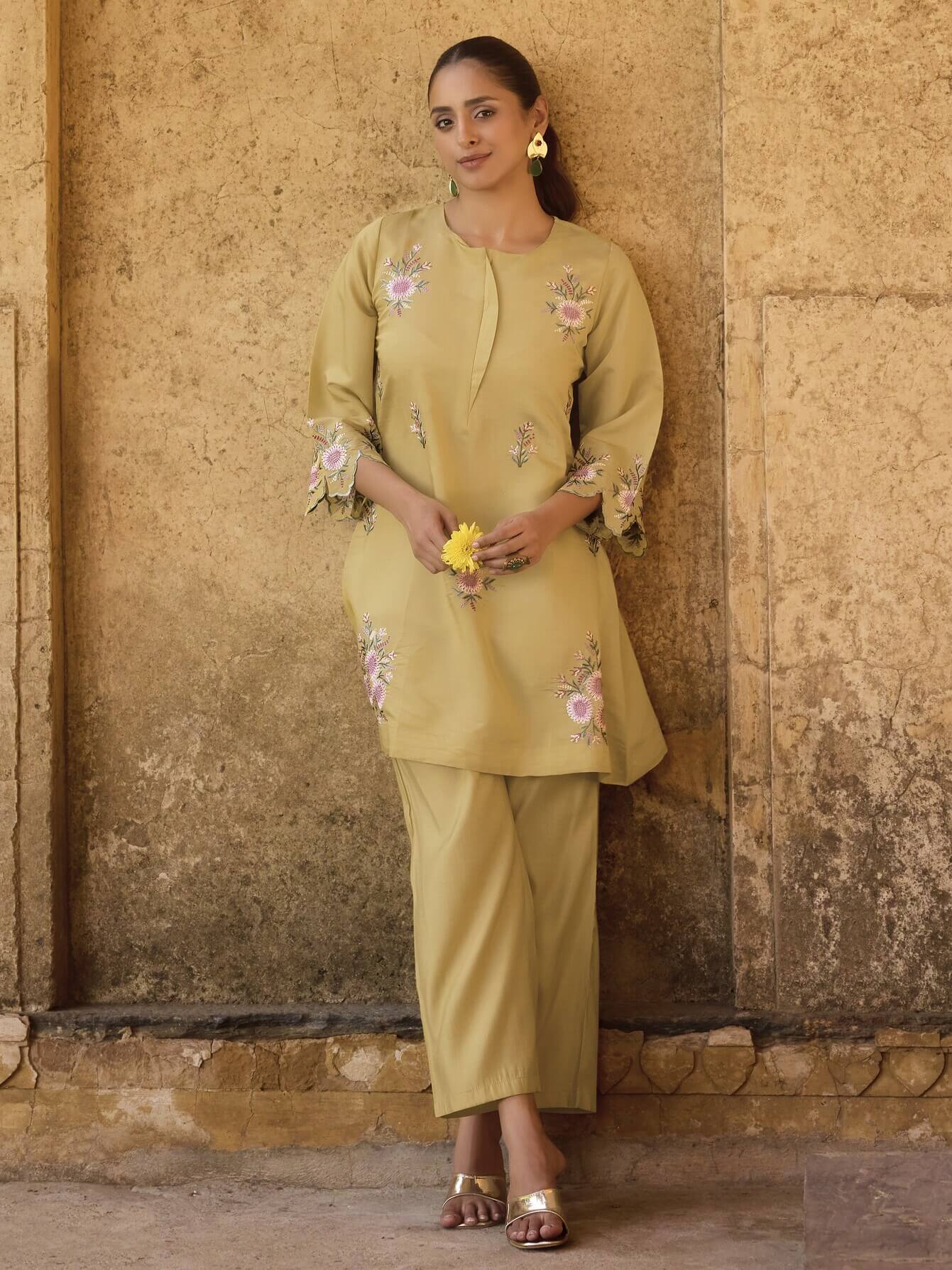 Yellow Embroidered Roman Silk Co-Ord Set