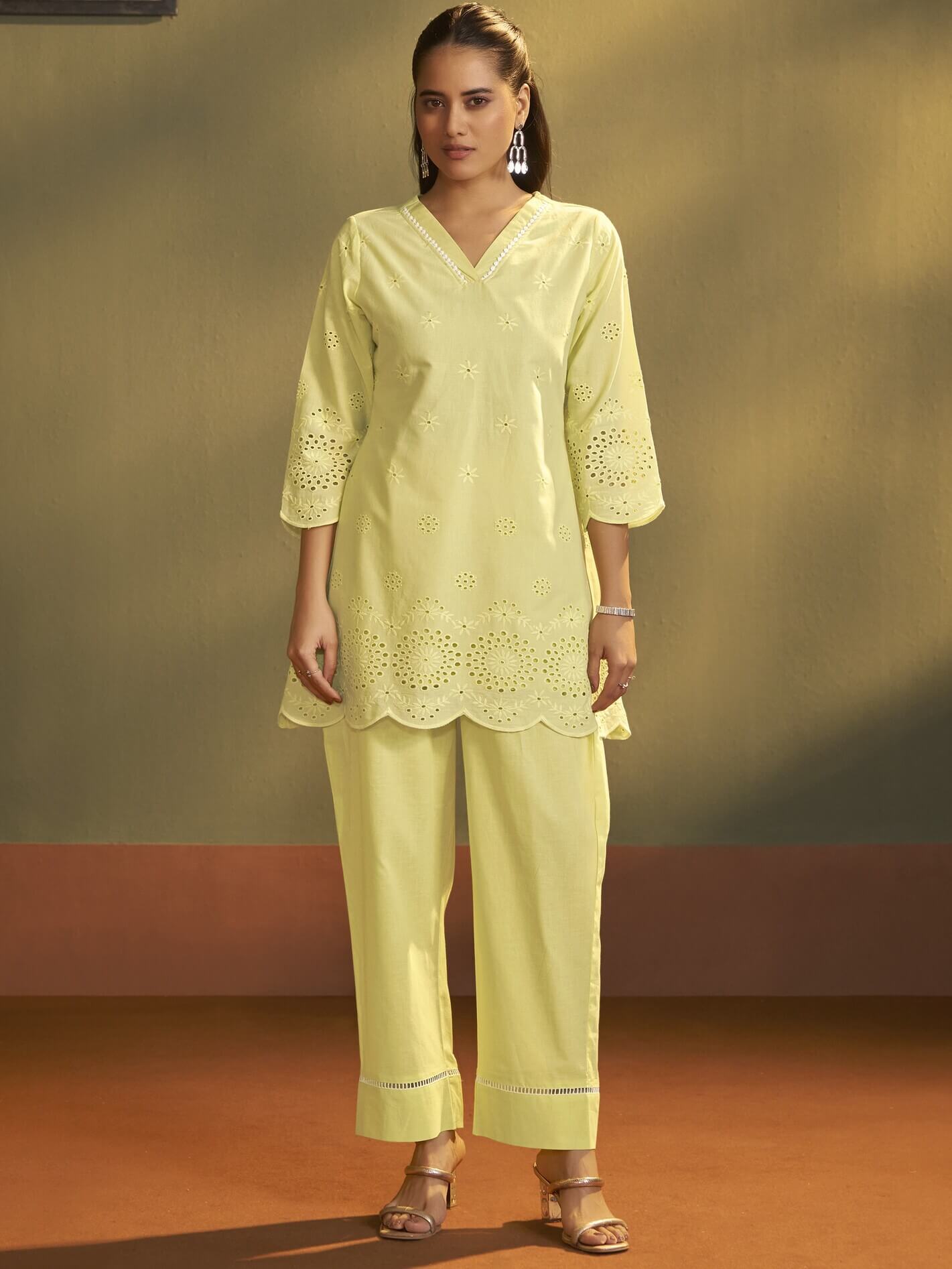 Yellow Schiffli Pure Cotton Co-Ord Set