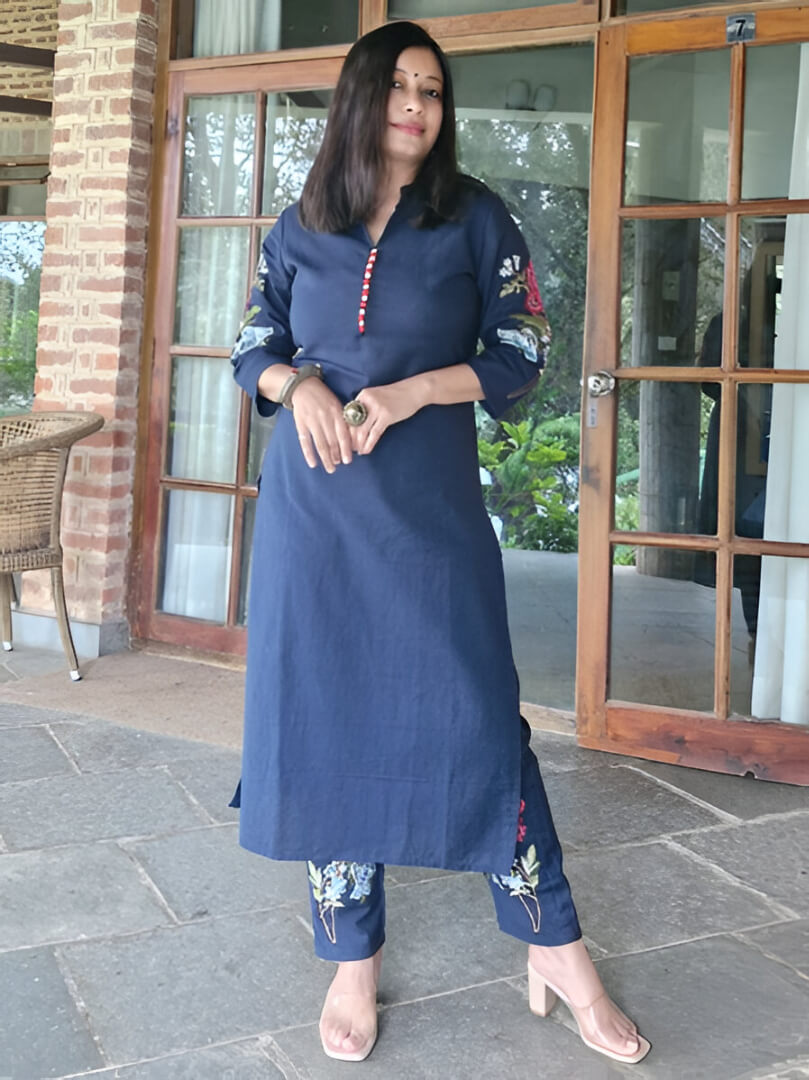 Blue Cotton Embroidered Kurta Pant Set