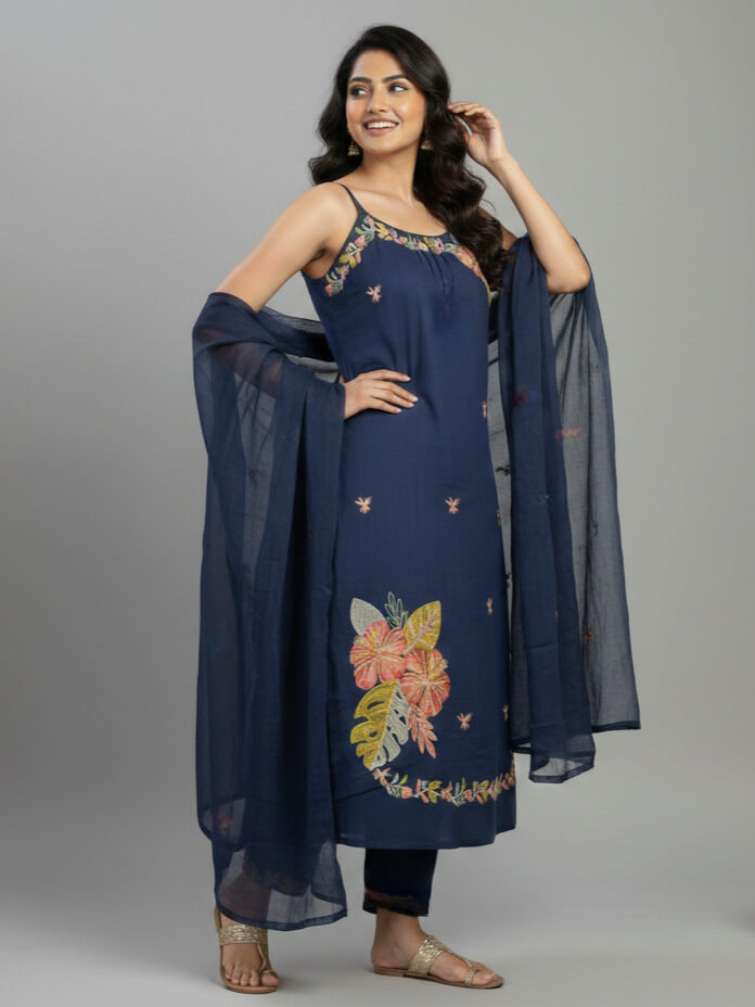 Blue Dori Style Cotton Slub Kurti Pant Set