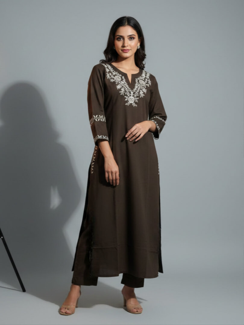 Black Cotton Embroidered Suit Set