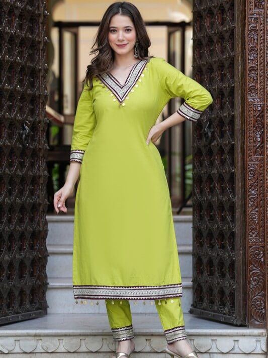 Green Cotton Zari Work Kurta Pant Set