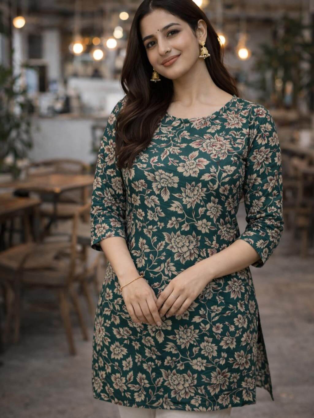 Green Floral Printed Cotton Short Kurti