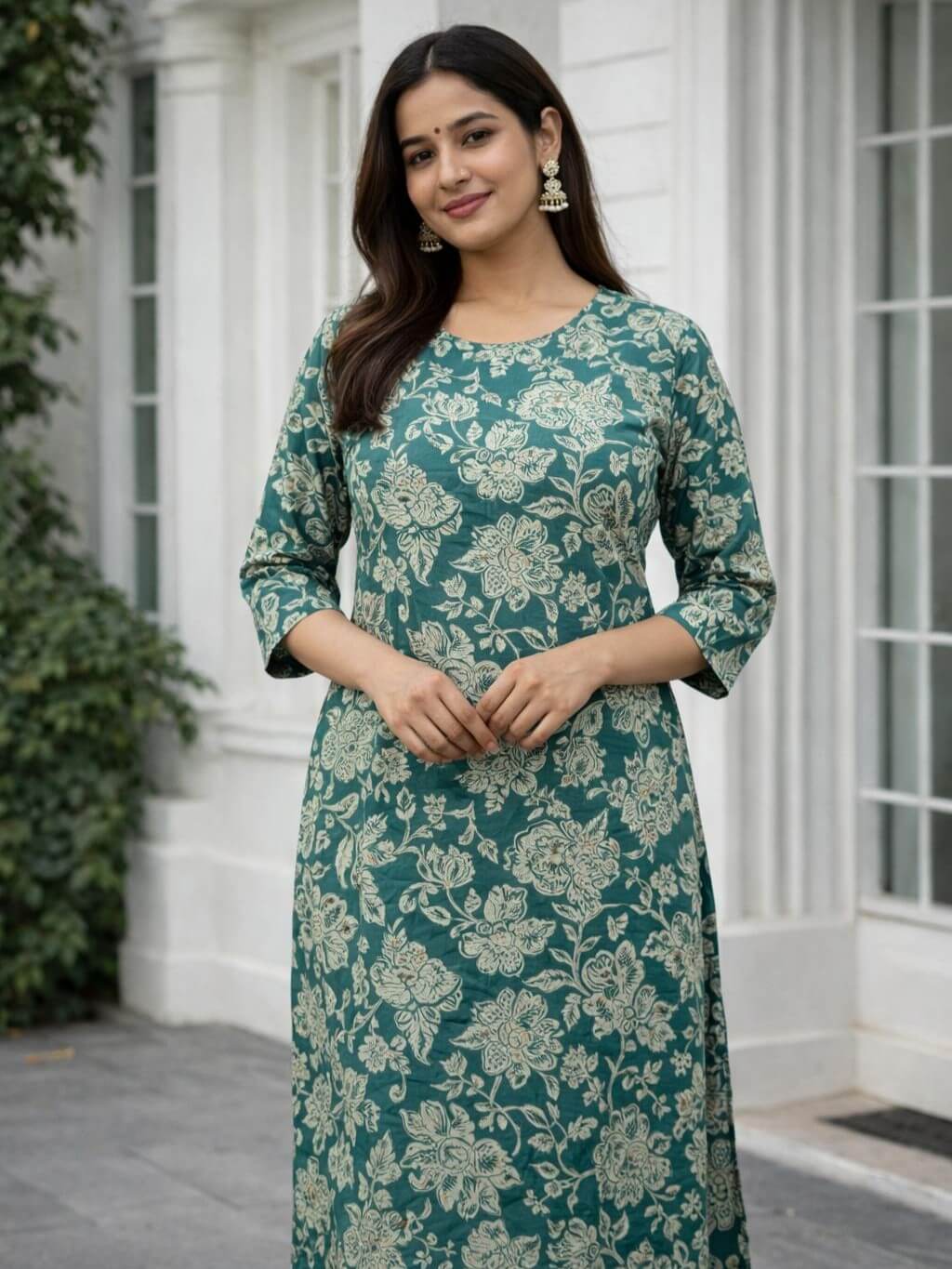 Green Floral Printed Straight Cotton Kurta