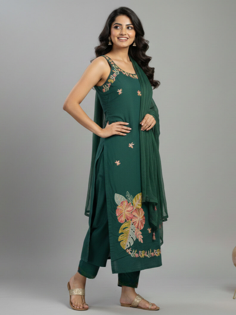 Green Dori Style Cotton Slub Kurti Pant Set