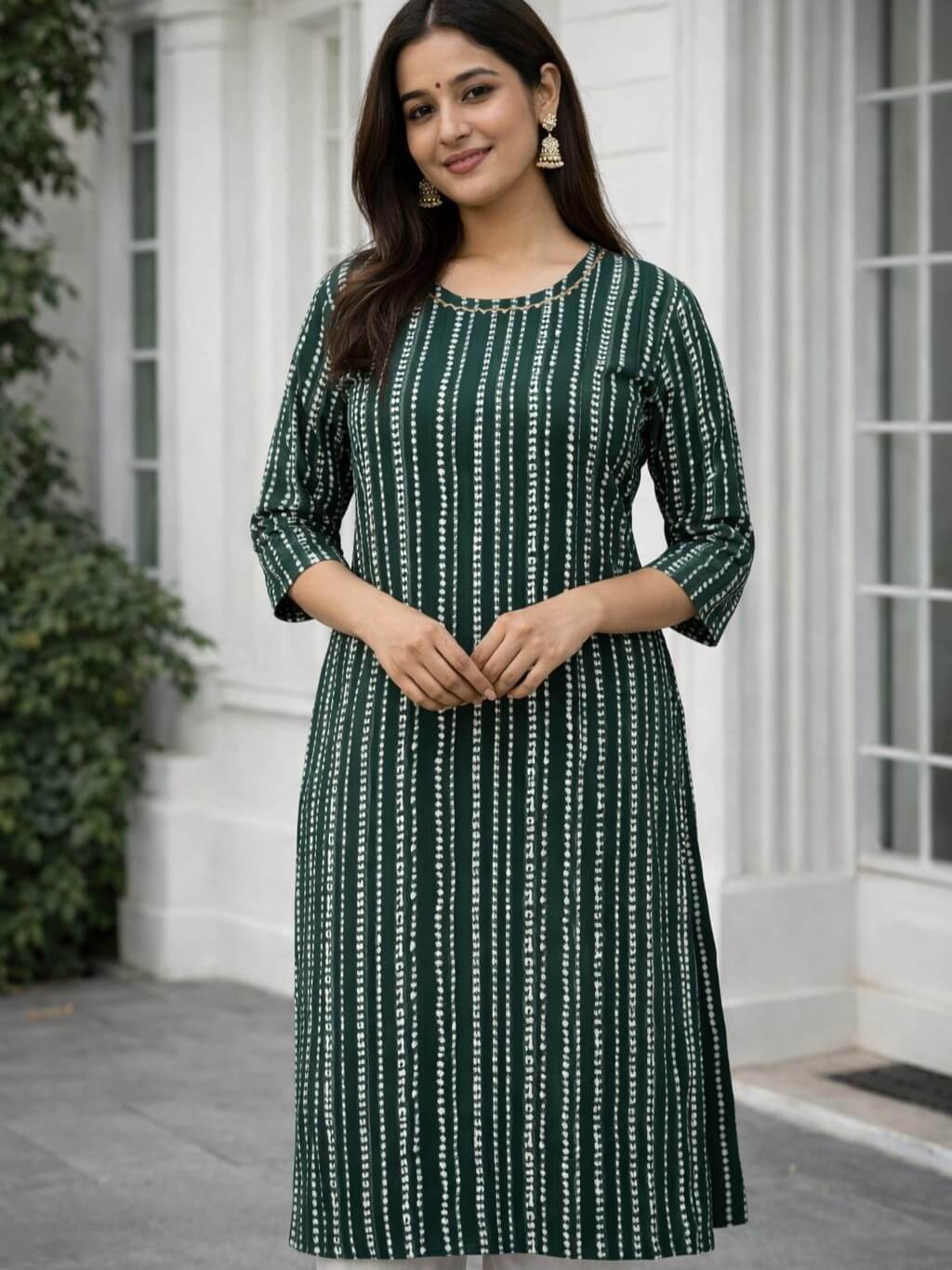 Green Cotton Printed Straight Kurta
